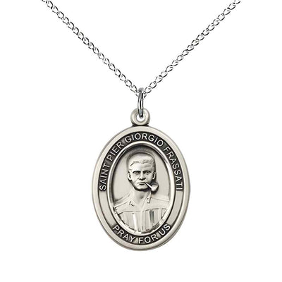 Medium Saint Pier Giorgio Frassati Sterling Silver Oval Medal Pendant with Sterling Silver Curb Chain in Deluxe Gift Box | Bliss Manufacturing