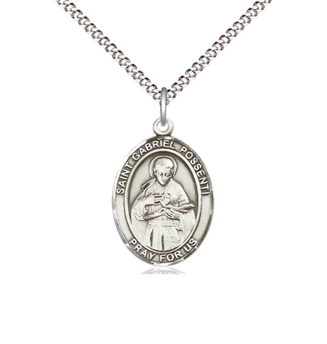 Bliss St Gabriel Possenti Pewter Oval Medium Medal Necklace with Plated Chain,