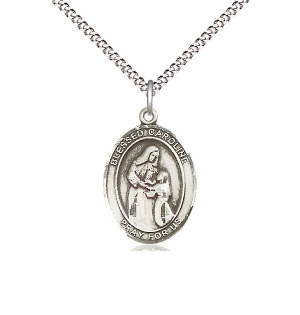 Bliss Sterling Silver Blessed Caroline Gerhardinger Pendant on a Light Rhodium Light Curb Chain,