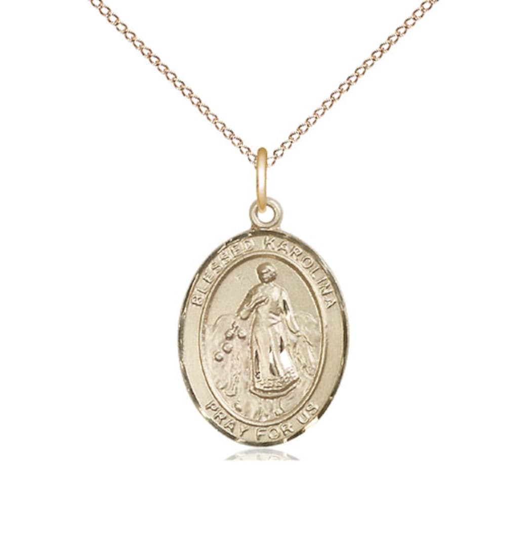 Bliss 14kt Gold Filled Blessed Karolina Kozkowna Pendant on a Gold Filled Light Curb Chain,