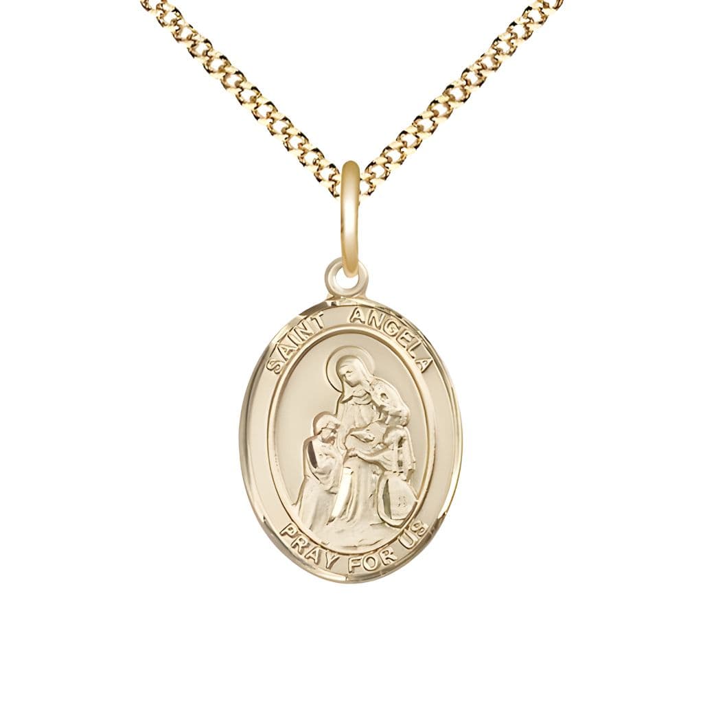Bliss St. Angela Merici 14kt Gold-filled Oval Medal Pendant with Gold-plated Chain, Measures 3/4-inch tall by 1/2-inch wide.