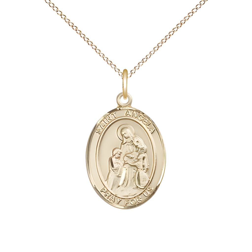 Bliss St. Angela Merici 14kt Gold-filled Oval Medal Pendant with Gold-filled Chain, Measures 3/4-inch tall by 1/2-inch wide.
