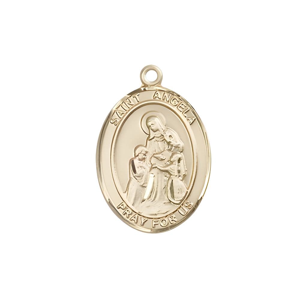 Bliss St. Angela Merici 14kt Gold Oval Medal Pendant, Measures 3/4-inch tall by 1/2-inch wide.