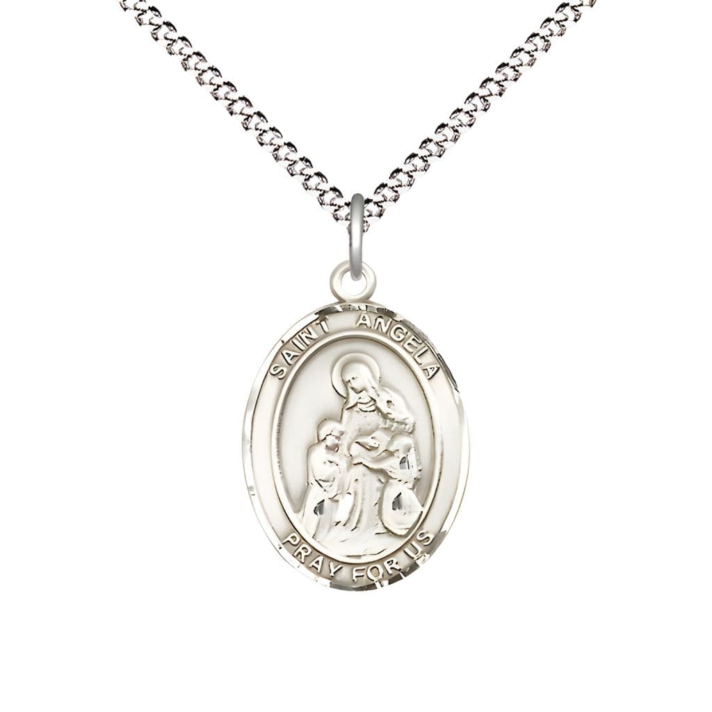Bliss St. Angela Merici Sterling Silver Oval Medal Pendant with Rhodium-plated Chain, Measures 3/4-inch tall by 1/2-inch wide.