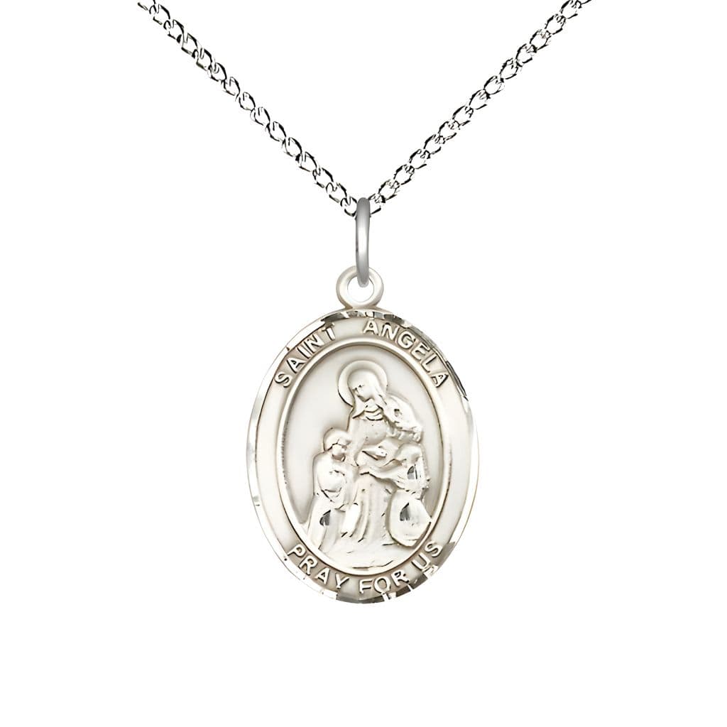 Bliss St. Angela Merici Sterling Silver Oval Medal Pendant with Sterling Chain, Measures 3/4-inch tall by 1/2-inch wide.