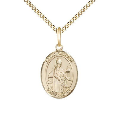 St. Walter of Pontnoise 14kt Gold-filled Oval Medal Pendant with Gold-plated Chain, Measures 3/4-inch tall by 1/2-inch wide, Bliss Manufacturing