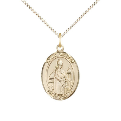 St. Walter of Pontnoise 14kt Gold-filled Oval Medal Pendant with Gold-filled Chain, Measures 3/4-inch tall by 1/2-inch wide, Bliss Manufacturing