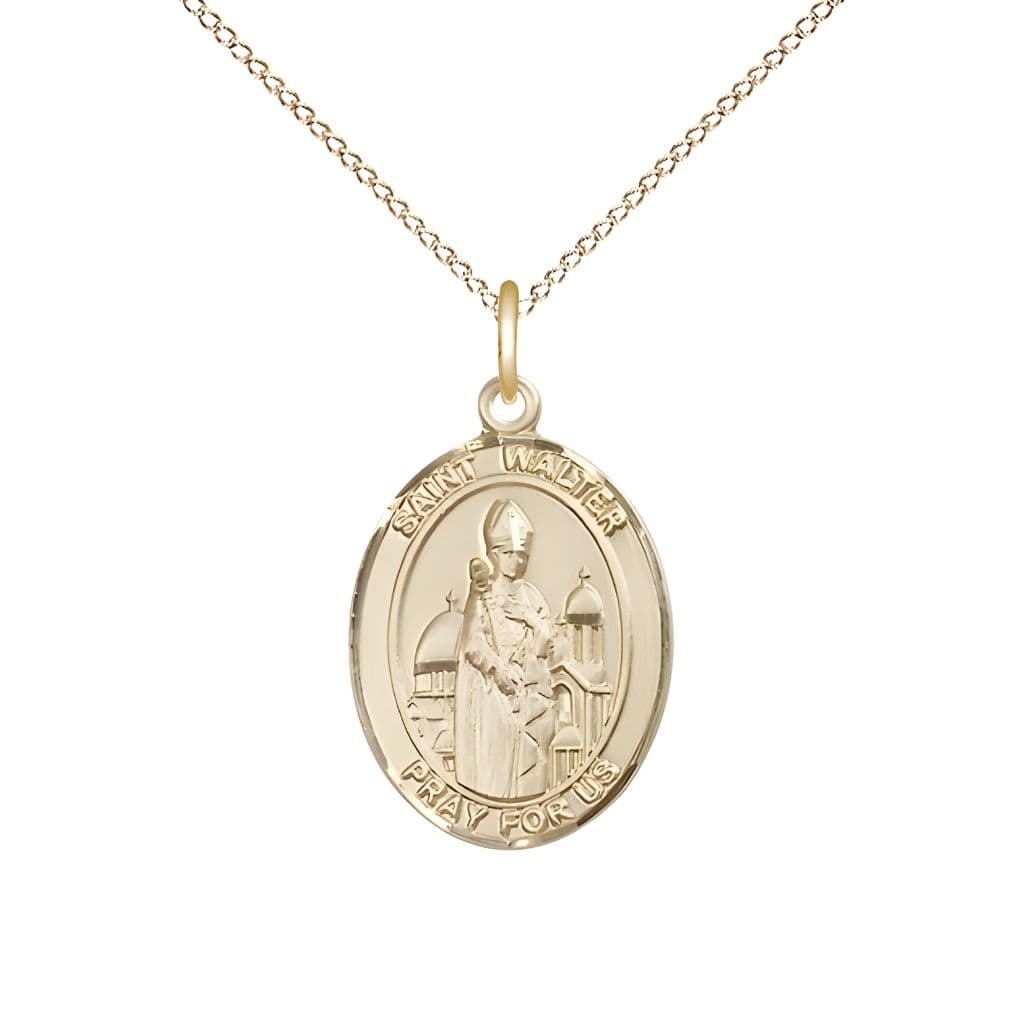 Bliss St. Walter of Pontnoise 14kt Gold Oval Medal Pendant with 14kt Gold Chain, Measures 3/4-inch tall by 1/2-inch wide.