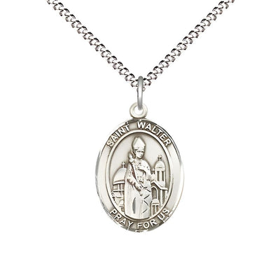 St. Walter of Pontnoise Sterling Silver Oval Medal Pendant with Rhodium-plated Chain, Measures 3/4-inch tall by 1/2-inch wide, Bliss Manufacturing