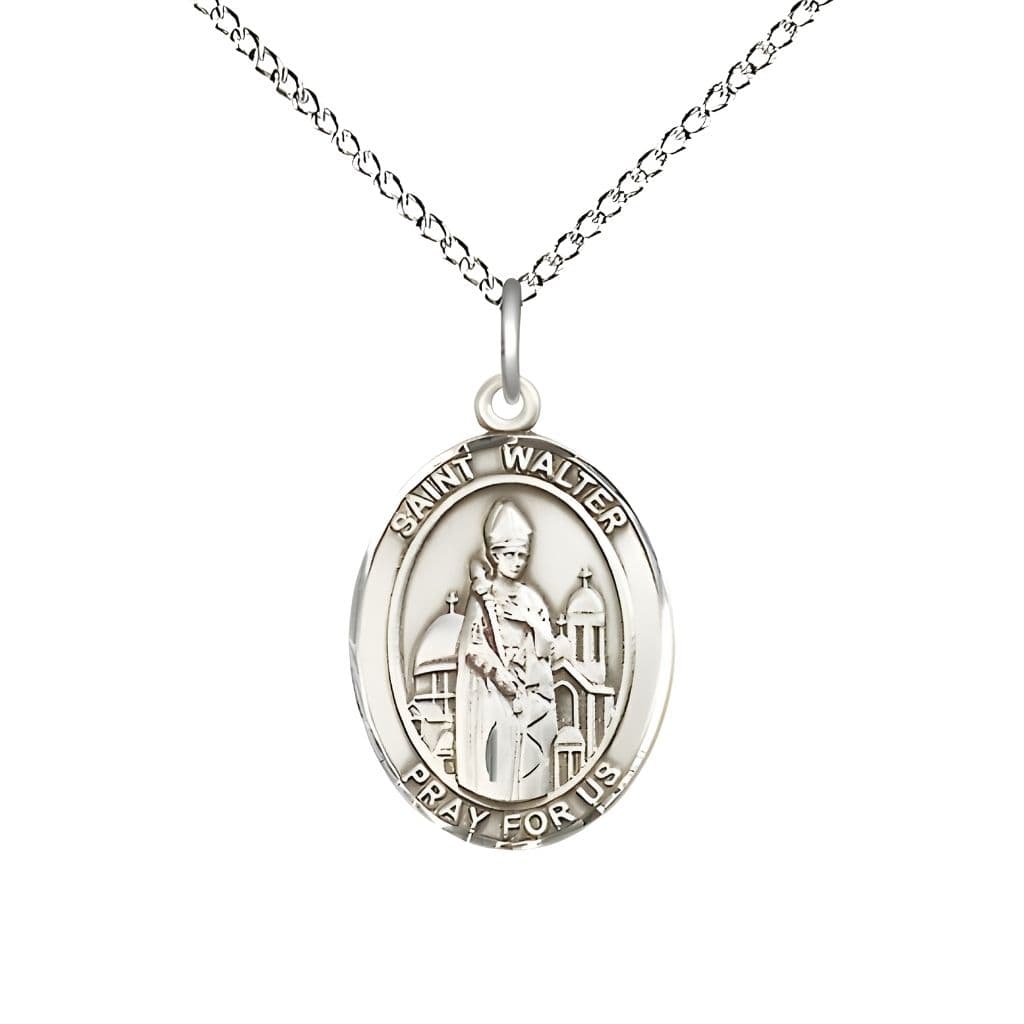 Bliss St. Walter of Pontnoise Sterling Silver Oval Medal Pendant with Sterling Chain, Measures 3/4-inch tall by 1/2-inch wide.