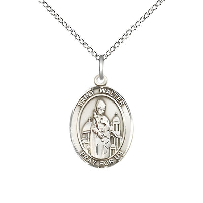 St. Walter of Pontnoise Sterling Silver Oval Medal Pendant with Sterling Chain, Measures 3/4-inch tall by 1/2-inch wide, Bliss Manufacturing