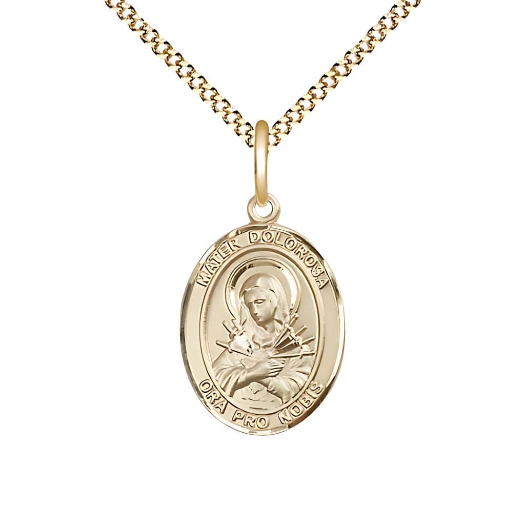 Mater Dolorosa 14kt Gold-filled Oval Engravable Medal with Gold-plated Chain, Measures 3/4-inch tall by 1/2-inch wide.