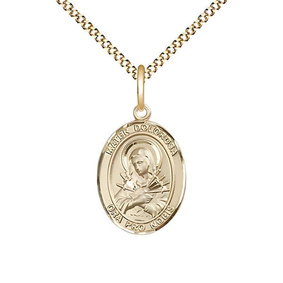 Mater Dolorosa 14kt Gold-filled Oval Engravable Medal with Gold-plated Chain, Measures 3/4-inch tall by 1/2-inch wide, Bliss Manufacturing