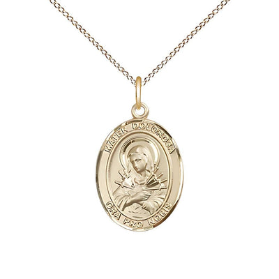 Mater Dolorosa 14kt Gold-filled Oval Engravable Medal with Gold-filled Chain, Measures 3/4-inch tall by 1/2-inch wide, Bliss Manufacturing