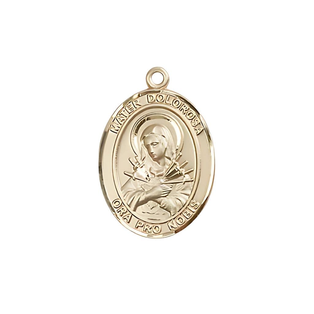 Bliss Mater Dolorosa 14kt Gold Oval Medal, Measures 3/4-inch tall by 1/2-inch wide