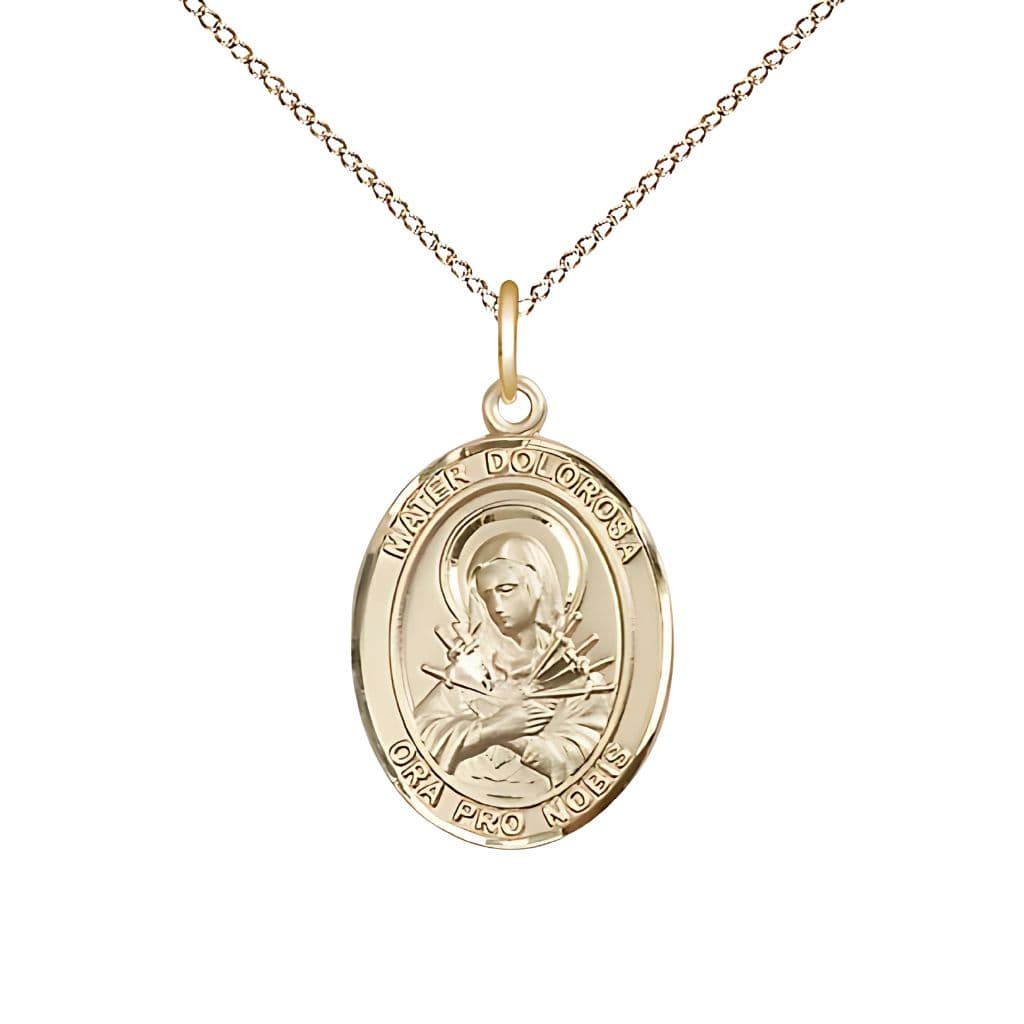 Bliss Mater Dolorosa 14kt Gold Oval Medal with 14kt Gold Chain, Measures 3/4-inch tall by 1/2-inch wide