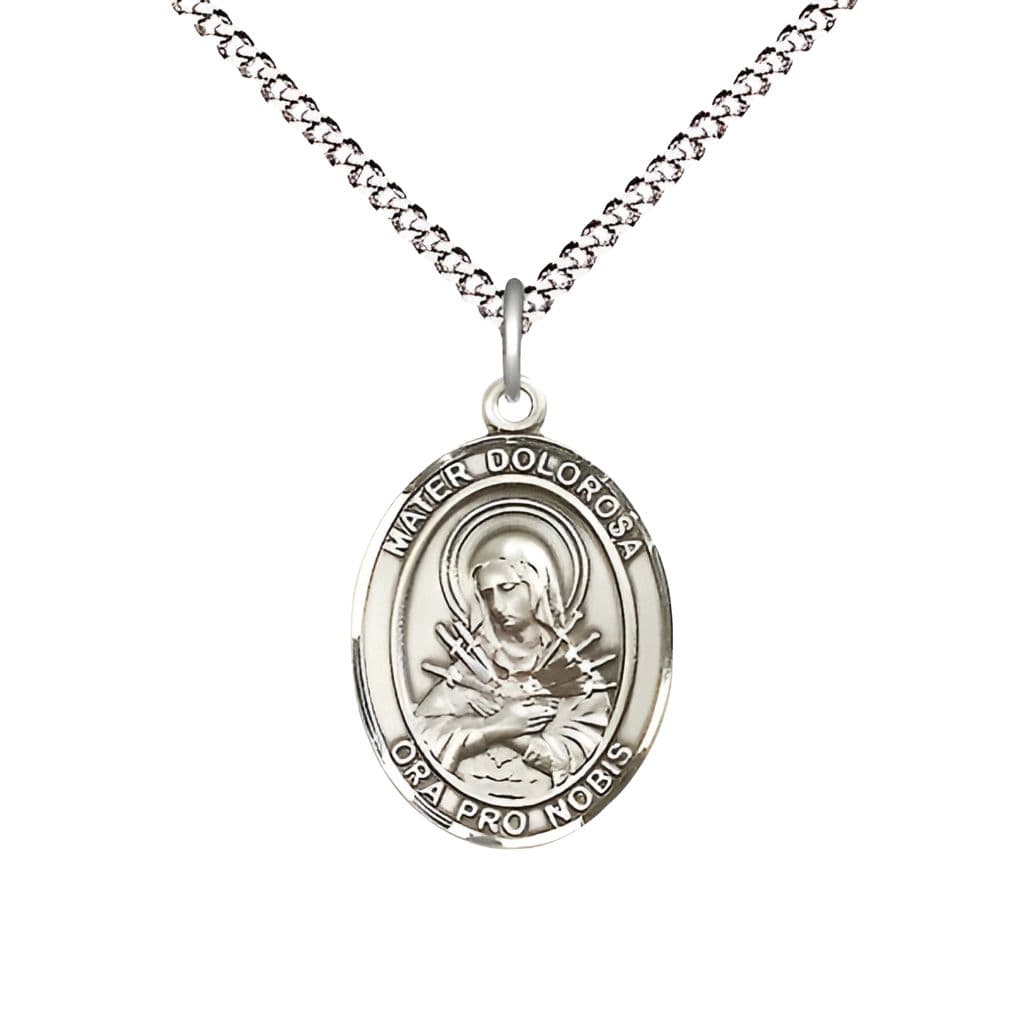Bliss Mater Dolorosa Pewter Oval Engravable Medal Necklace with Rhodium-plated Chain, Measures 3/4-inch tall by 1/2-inch wide