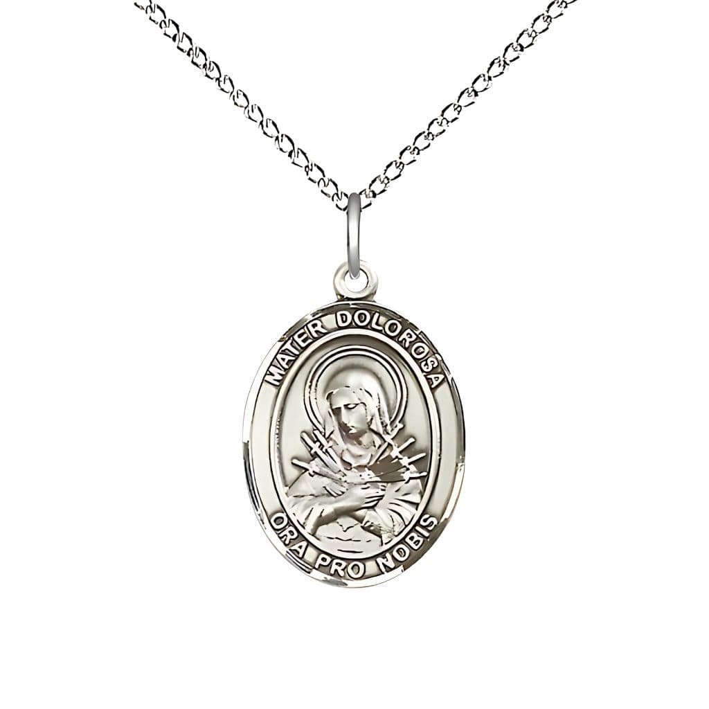 Mater Dolorosa Sterling Silver Engravable Medal Necklace with Sterling Silver Chain, Medal Measures 3/4-inch tall by 1/2-inch wide