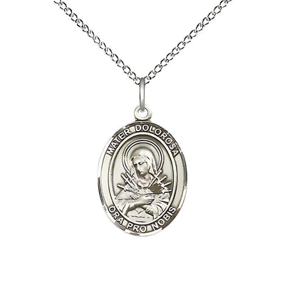 Mater Dolorosa Sterling Silver Engravable Medal Necklace with Sterling Silver Chain, Medal Measures 3/4-inch tall by 1/2-inch wide, Bliss Manufacturing