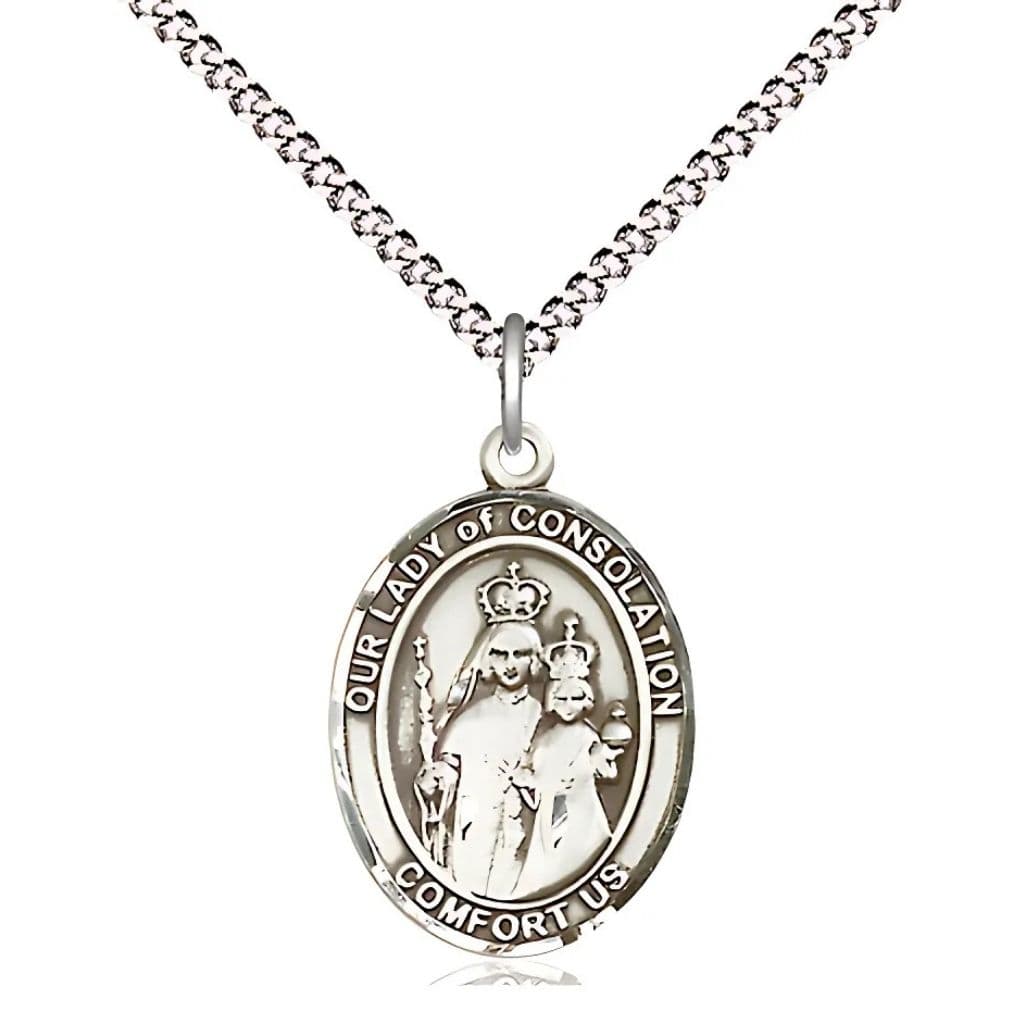 Bliss Our Lady of Consolation Sterling Silver Engravable Medal with Plated Chain, 3/4-inch,