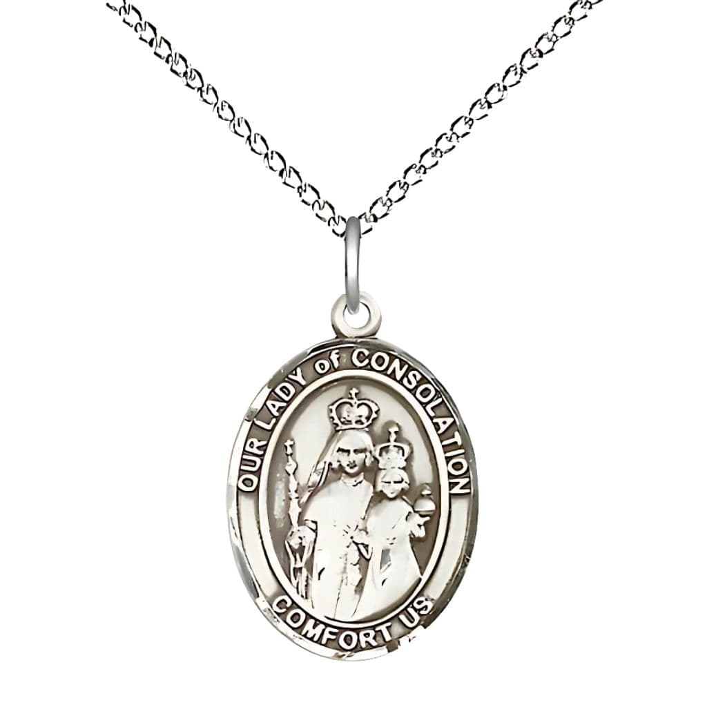 Bliss Our Lady of Consolation Sterling Silver Engravable Medal with Sterling Silver Chain, 3/4-inch,