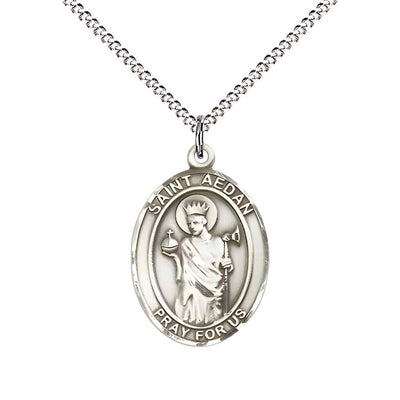 Medium Saint Aedan of Ferns Sterling Silver Oval Medal Pendant with 18" Rhodium-plated Curb Chain with Deluxe Gift Box | Bliss Manufacturing