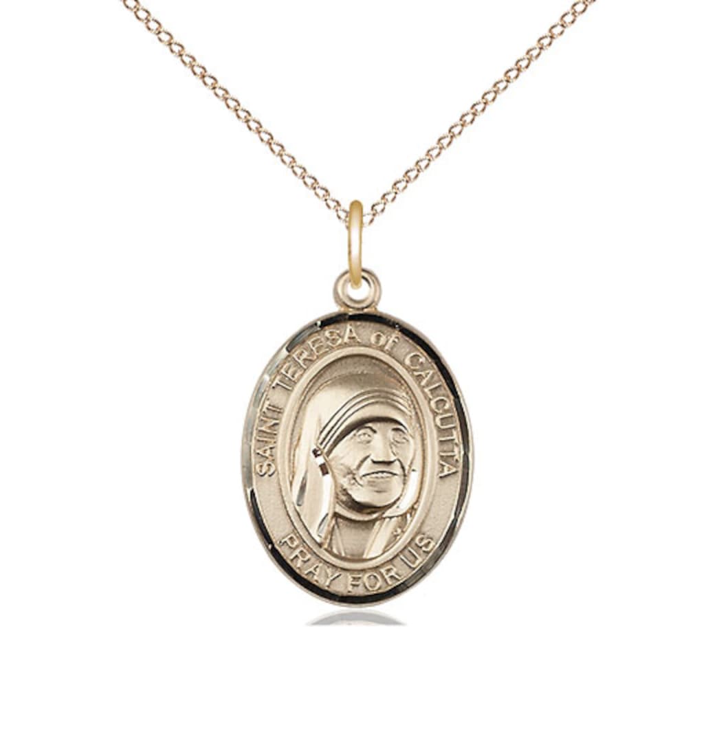 Bliss 14kt Gold Saint Teresa of Calcutta Pendant on a 18 inch 14kt Gold Light Curb Chain,