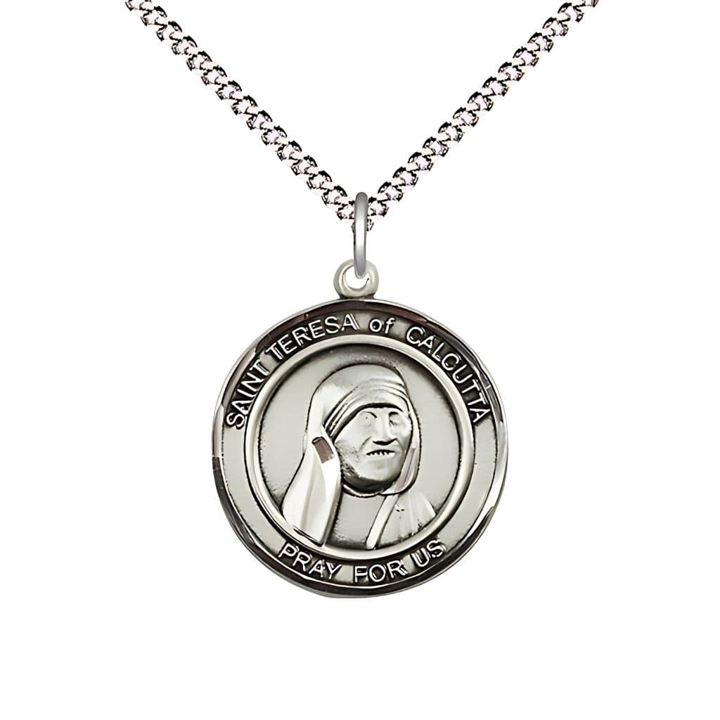 St. Teresa of Calcutta Pewter Round Medal Necklace by Bliss, Measures 3/4-inch tall by 5/8 - inch wide