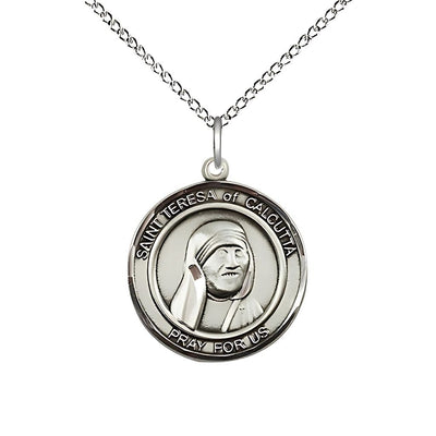 St. Teresa of Calcutta Sterling Silver Round Medal with Sterling Silver Chain, Measures 3/4-inch tall by 5/8 - inch wide, Bliss Manufacturing