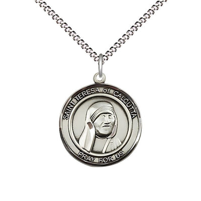St. Teresa of Calcutta Sterling Silver Round Medal with Plated Chain, Measures 3/4-inch tall by 5/8 - inch wide, Bliss Manufacturing