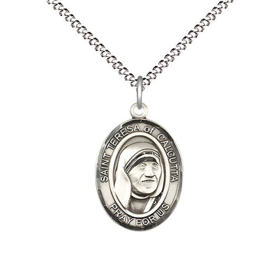 St Teresa of Calcutta Sterling Silver Oval Medium Medal Necklace with Plated Chain, Measures 3/4-inch tall by 1/2-inch wide, Bliss Manufacturing