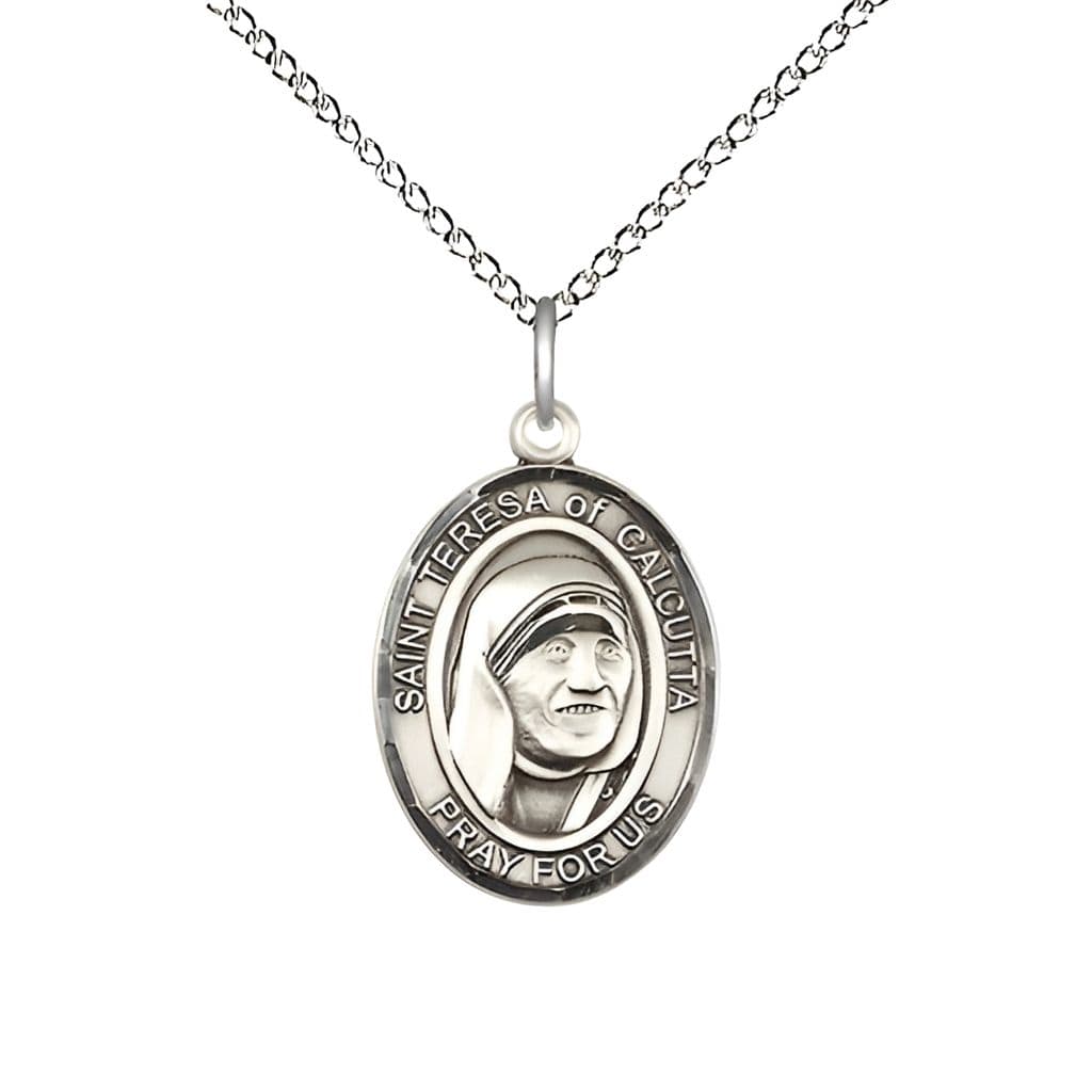 Bliss St Teresa of Calcutta Sterling Silver Oval Medium Medal Necklace with Sterling Chain, Measures 3/4-inch tall by 1/2-inch wide