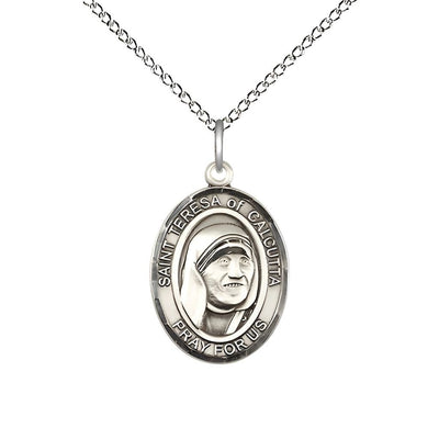 St Teresa of Calcutta Sterling Silver Oval Medium Medal Necklace with Sterling Chain, Measures 3/4-inch tall by 1/2-inch wide, Bliss Manufacturing