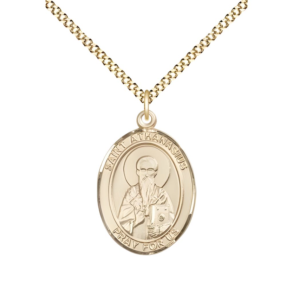 Bliss St. Athanasius 14kt Gold-filled Oval Medal Pendant with Gold-plated Chain, Measures 3/4-inch tall by 1/2-inch wide. Deluxe Gift Box.