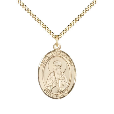 St. Athanasius 14kt Gold-filled Oval Medal Pendant with Gold-plated Chain, Measures 3/4-inch tall by 1/2-inch wide. Deluxe Gift Box, Bliss Manufacturing