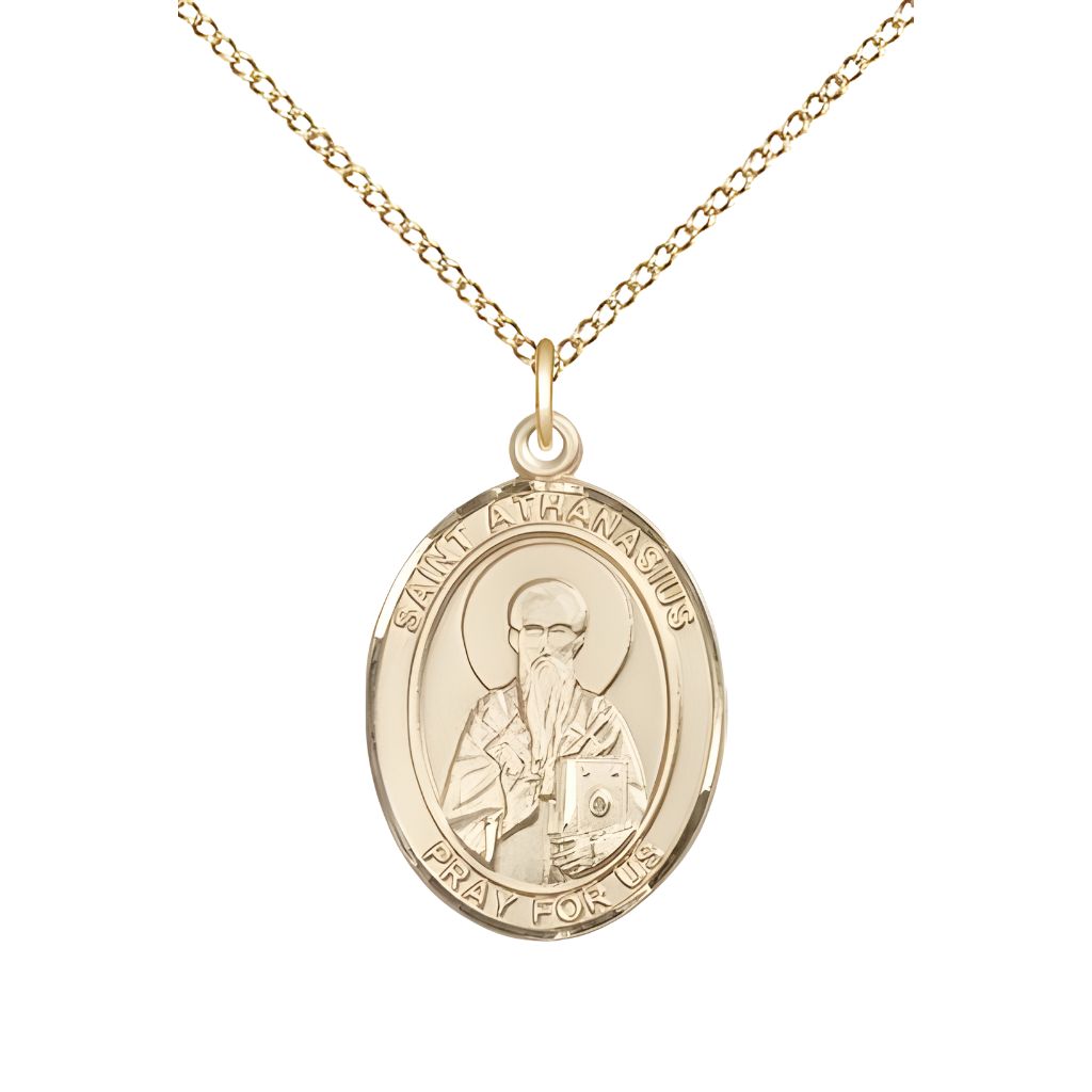 Bliss St. Athanasius 14kt Gold-filled Oval Medal Pendant with Gold-filled Chain, Measures 3/4-inch tall by 1/2-inch wide. Deluxe Gift Box.