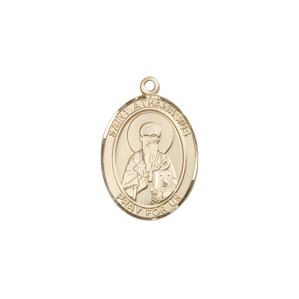 Bliss St. Athanasius 14kt Gold Oval Medal Pendant, Measures 3/4-inch tall by 1/2-inch wide. Deluxe Gift Box.