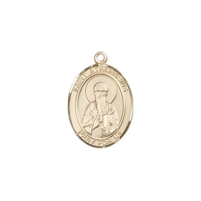 St. Athanasius 14kt Gold Oval Medal Pendant, Measures 3/4-inch tall by 1/2-inch wide. Deluxe Gift Box, Bliss Manufacturing