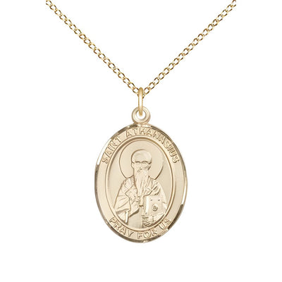 St. Athanasius 14kt Gold Oval Medal Pendant with 14kt Gold Chain, Measures 3/4-inch tall by 1/2-inch wide. Deluxe Gift Box, Bliss Manufacturing