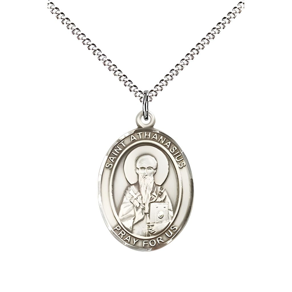 Bliss St. Athanasius Pewter Oval Medal Pendant with Rhodium-plated Chain, Measures 3/4-inch tall by 1/2-inch wide. Deluxe Gift Box.