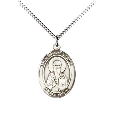 St. Athanasius Sterling Silver Oval Medal Pendant with Rhodium-plated Chain, Measures 3/4-inch tall by 1/2-inch wide. Deluxe Gift Box, Bliss Manufacturing