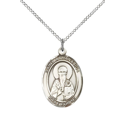 St. Athanasius Sterling Silver Oval Medal Pendant with Sterling Chain, Measures 3/4-inch tall by 1/2-inch wide. Deluxe Gift Box, Bliss Manufacturing