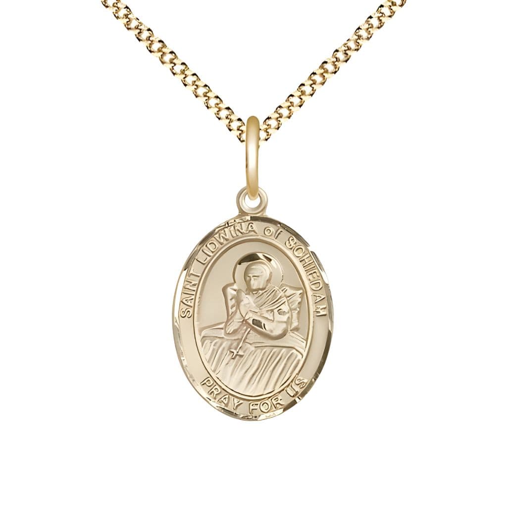 Bliss St. Lidwina of Schiedam 14kt Gold-filled Oval Medal Pendant with Gold-plated Chain, Measures 3/4-inch tall by 1/2-inch wide.