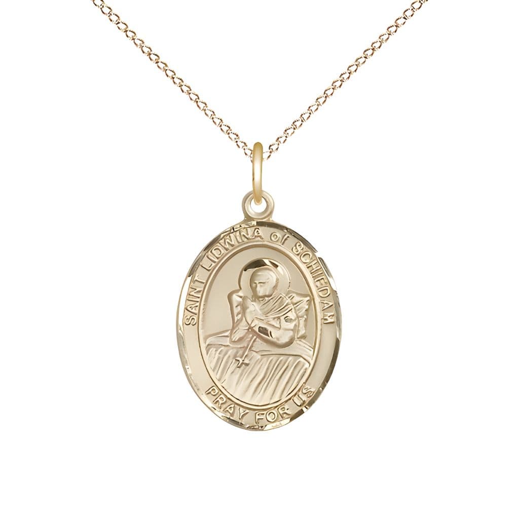 Bliss St. Lidwina of Schiedam 14kt Gold-filled Oval Medal Pendant with Gold-filled Chain, Measures 3/4-inch tall by 1/2-inch wide.