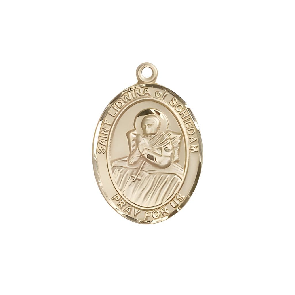 Bliss St. Lidwina of Schiedam 14kt Gold Oval Medal Pendant, Measures 3/4-inch tall by 1/2-inch wide.