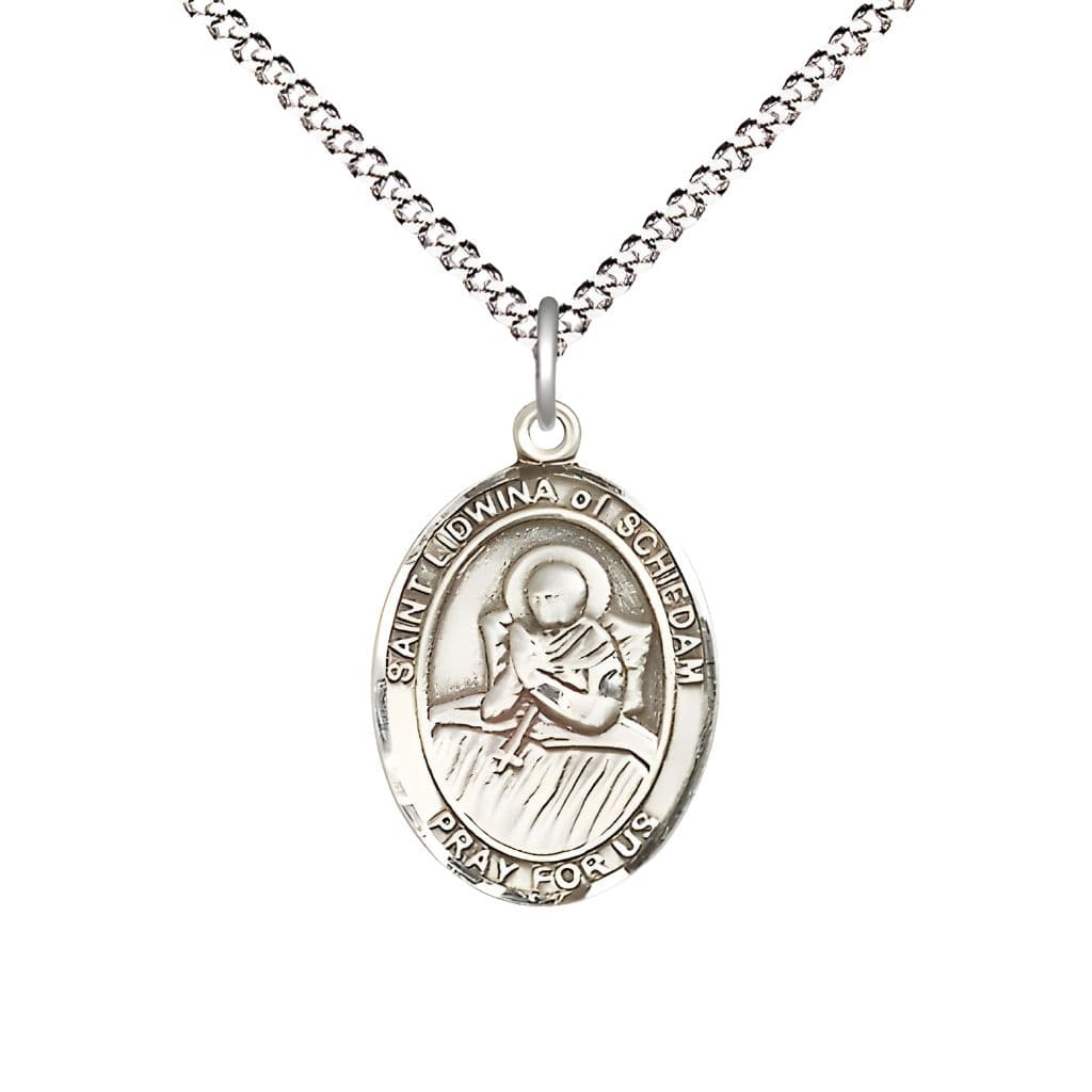 Bliss St. Lidwina of Schiedam Pewter Oval Medal Pendant with Rhodium-plated Chain, Measures 3/4-inch tall by 1/2-inch wide.