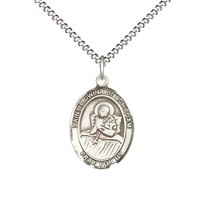 St. Lidwina of Schiedam Pewter Oval Medal Pendant with Rhodium-plated Chain, Measures 3/4-inch tall by 1/2-inch wide, Bliss Manufacturing