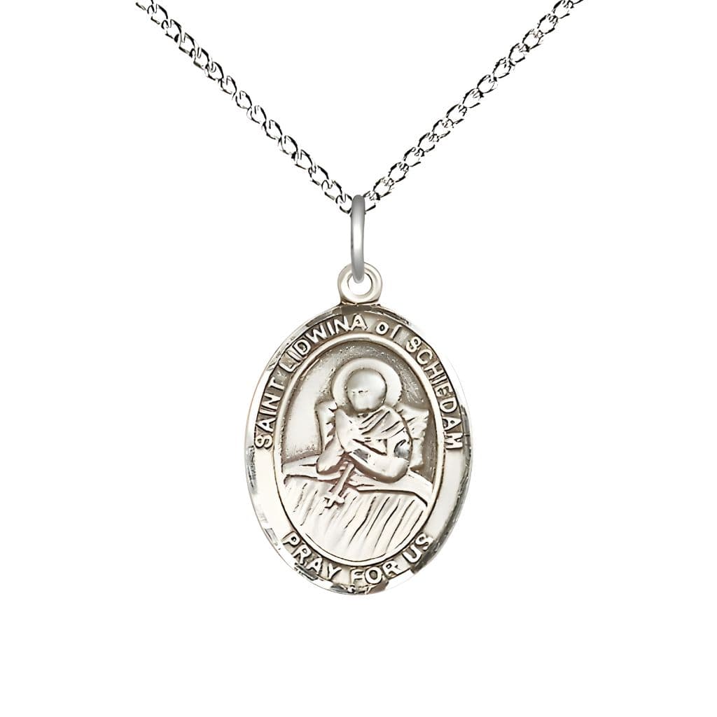 Bliss St. Lidwina of Schiedam Sterling Silver Oval Medal Pendant with Sterling Chain, Measures 3/4-inch tall by 1/2-inch wide.