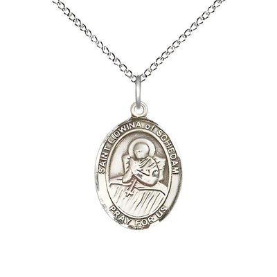 St. Lidwina of Schiedam Sterling Silver Oval Medal Pendant with Sterling Chain, Measures 3/4-inch tall by 1/2-inch wide, Bliss Manufacturing