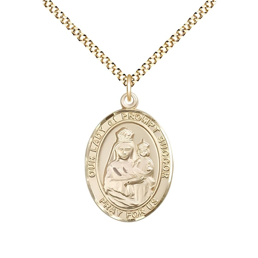 Bliss Our Lady of Prompt Succor 14kt Gold-filled Oval Medal Pendant with Gold-plated Chain, Measures 3/4-inch tall by 1/2-inch wide. Deluxe Gift Box.